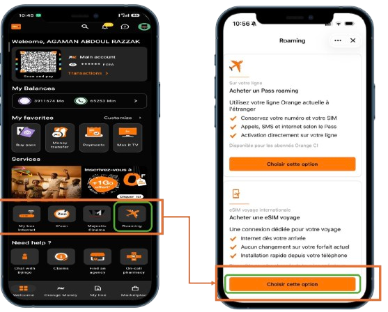 Parcours d'achat de l'eSIM Voyage depuis Max it : Roaming puis Choisir cette option